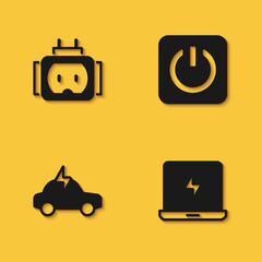 Set Tee plug electric, Laptop, Electric car and Power button icon with long shadow. Vector
