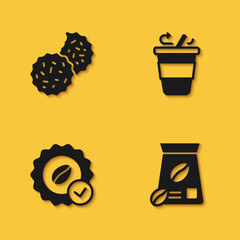 Set Cookie or biscuit, Bag of coffee beans, Medal for and Coffee cup to go icon with long shadow. Vector
