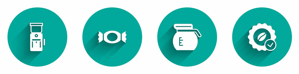 Set Electric coffee grinder, Candy, Coffee pot and Medal for icon with long shadow. Vector