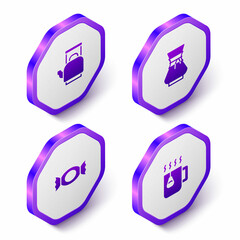 Set Isometric Kettle with handle, Pour over coffee maker, Candy and Cup tea bag icon. Purple hexagon button. Vector