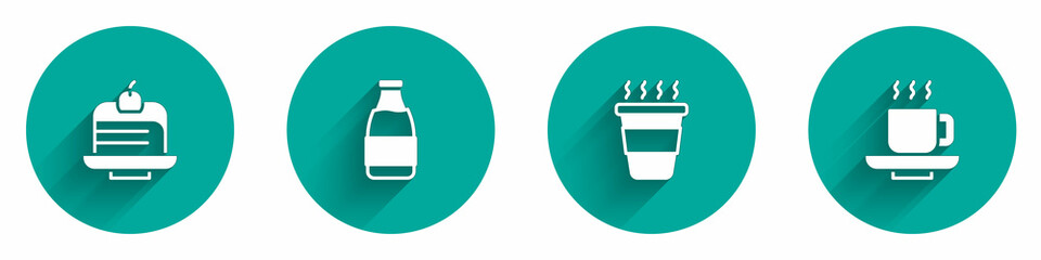 Set Piece of cake, Milk bottle, Coffee cup to go and icon with long shadow. Vector