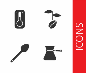 Set Coffee turk, thermometer, Teaspoon and beans icon. Vector
