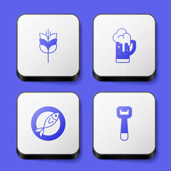 Set Wheat, Glass of beer, Dried fish and Bottle opener icon. White square button. Vector