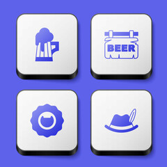 Set Wooden beer mug, Street signboard with Beer, Bottle opener and Oktoberfest hat icon. White square button. Vector