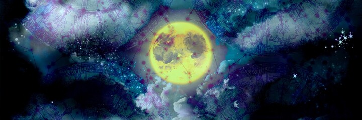 Illustration of night sky with creepy full blue moon beyond mysterious horoscope shape © NORIMA