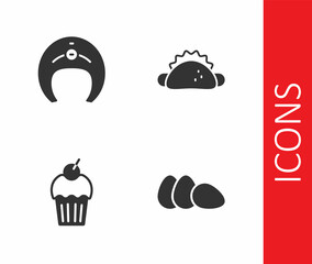 Set Chicken egg, Fish steak, Muffin and Taco with tortilla icon. Vector