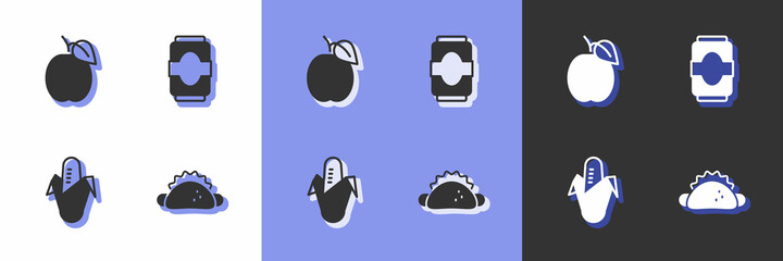 Set Taco with tortilla, Plum fruit, Corn and Soda can icon. Vector