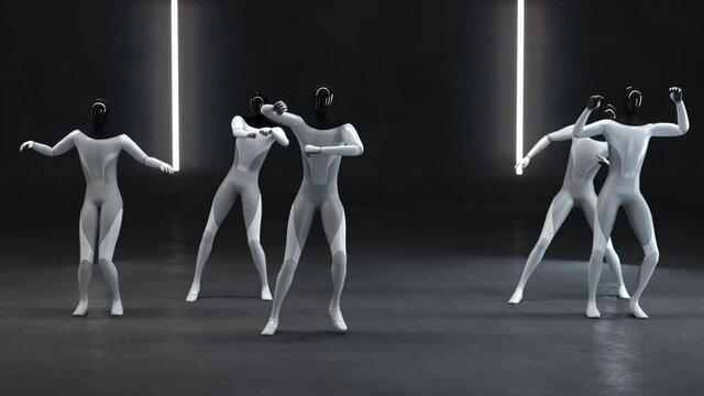 A humanoid robot dances to music. A cheerful clockwork dance of a humanoid. 3d rendering
