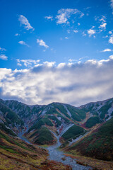 富山県立山町の立山の秋の紅葉の季節に登山している風景 Scenery of climbing Tateyama Mountain in Tateyama Town, Toyama Prefecture, Japan during the season of autumn leaves. 