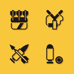 Set Quiver with arrows, Bullet, Crossed bullet and Slingshot icon with long shadow. Vector