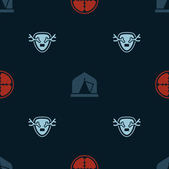 Set Sniper optical sight, Tourist tent and Deer antlers on shield on seamless pattern. Vector