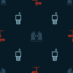 Set Road traffic sign, Binoculars and Walkie talkie on seamless pattern. Vector