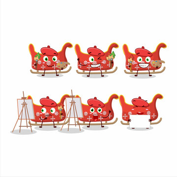 Artistic Artist of reindeer sleigh cartoon character painting with a brush