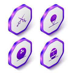 Set Isometric Fencing, Golf ball on tee, Bowling and American Football icon. Purple hexagon button. Vector