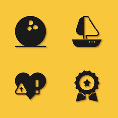 Set Bowling ball, Medal with star, Heart rate and Yacht sailboat icon with long shadow. Vector