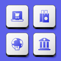 Set Shopping cart on screen laptop, Paper shopping bag, Worldwide shipping and Bank building icon. White square button. Vector