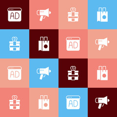 Set pop art Advertising, Megaphone, Gift box and Paper shopping bag icon. Vector