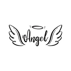 Obraz premium Angel wing with halo and angel lettering text. Hand drawn line sketch style wing. Simple vector illustration.