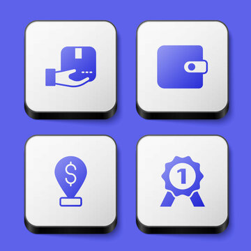 Set Delivery hand with box, Wallet, Cash location pin and Medal icon. White square button. Vector
