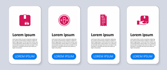 Set Delivery hand with box, Financial check, Cryptocurrency coin Bitcoin and Carton cardboard. Business infographic template. Vector