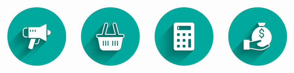 Set Megaphone, Shopping basket, Calculator and Money bag icon with long shadow. Vector