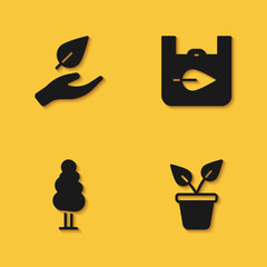 Set Leaf in hand, Plant pot, Tree and Shopping bag with recycle icon with long shadow. Vector