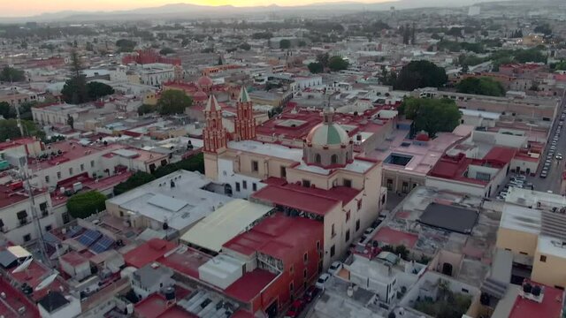 Historical Town With Church of the Congregation of Our Lady of Guadeloupe At Santiago de Queretaro In Queretaro, Mexico. Aerial Drone
