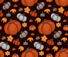 Seamless autumn pattern with various gray and orange pumpkins and yellow flowers on dark background. Vector texture with flat hand drawn vegetables. Warm color wallpaper with garden harvest