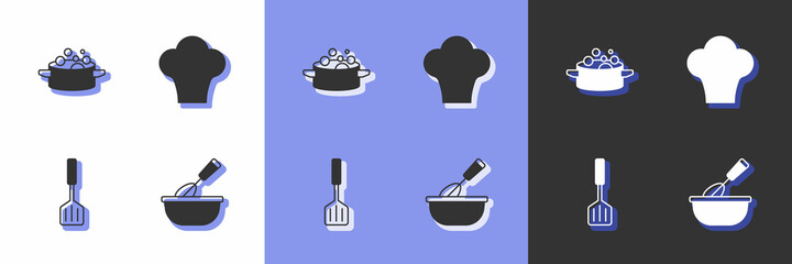 Set Cooking whisk with bowl, pot, Spatula and Chef hat icon. Vector
