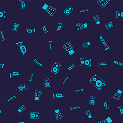 Naklejka premium Set Trumpet, Clarinet, Guitar neck and Stereo speaker on seamless pattern. Vector
