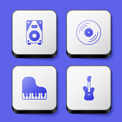 Set Stereo speaker, Vinyl disk, Grand piano and Electric bass guitar icon. White square button. Vector