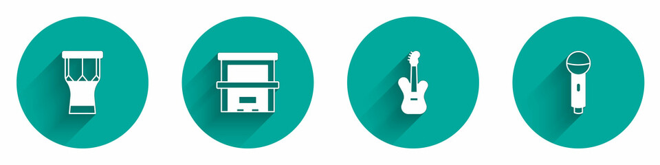 Set African percussion drum, Piano, Electric bass guitar and Microphone icon with long shadow. Vector