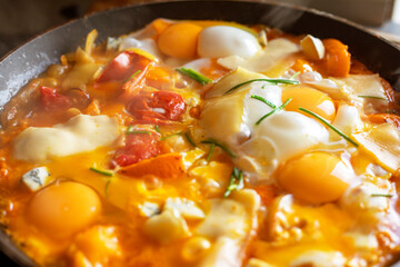 blurry fry eggs with tomatoes, horizontal, flat-lay