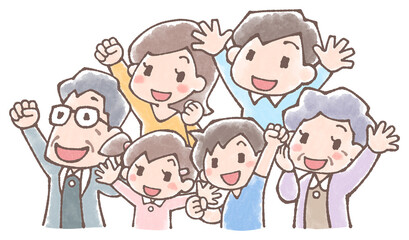 三世代家族の応援集合イラスト水彩風