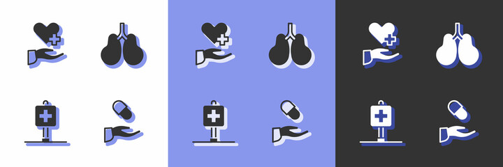 Set Medical prescription, Heart with cross, Location hospital and Lungs icon. Vector