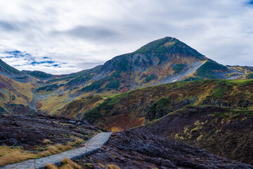 Fototapeta premium 富山県立山町の立山の秋の紅葉の季節に登山している風景 Scenery of climbing Tateyama Mountain in Tateyama Town, Toyama Prefecture, Japan during the season of autumn leaves. 