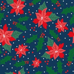 Seamless Christmas pattern . wonderful poinsettia flowers and berries on a blue background. vector texture. trend print for textiles, wallpaper and packaging.