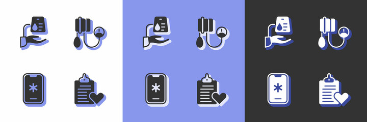 Set Patient record, Blood donation, Emergency call 911 and pressure icon. Vector