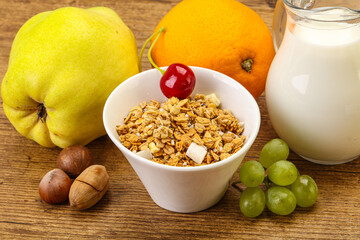 Breakfast with granola and milk