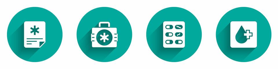 Set Patient record, First aid kit, Pills in blister pack and Blood test icon with long shadow. Vector