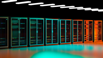 Server. Server room data center. Backup, mining, hosting, mainframe, farm and computer rack with storage information. 3d render