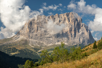Blick vom Grödner Joch auf den Langkofel, Südtirol