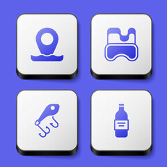 Set Location fishing, Diving mask, Fishing lure and Bottle of vodka icon. White square button. Vector