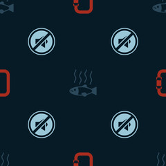 Set Carabiner, Dead fish and Speaker mute on seamless pattern. Vector