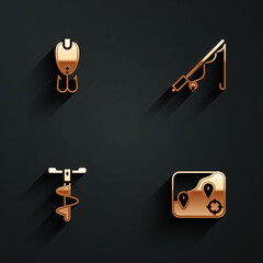 Fototapeta premium Set Fishing lure, rod, Hand ice drill and Location fishing icon with long shadow. Vector