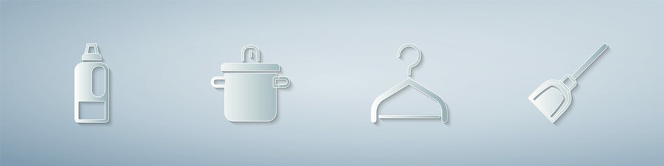 Set Bottle for detergent, Cooking pot, Hanger wardrobe and Dustpan. Paper art style. Vector