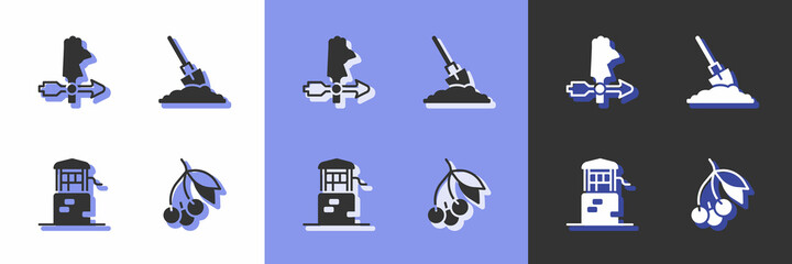 Set Fresh berries, Rooster weather vane, Well and Shovel in ground icon. Vector