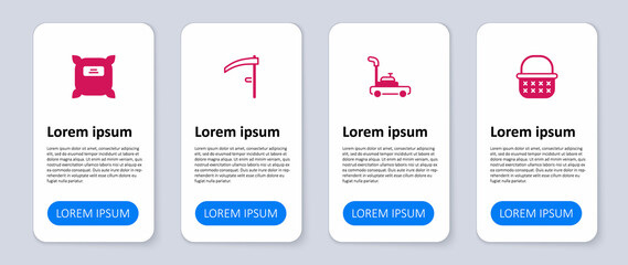 Set Wicker basket, Lawn mower, Scythe and Pack full of seeds. Business infographic template. Vector