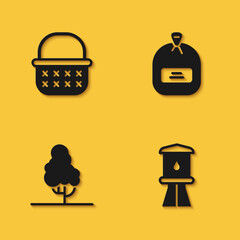 Set Wicker basket, Water tower, Fruit tree and Pack full of seeds icon with long shadow. Vector
