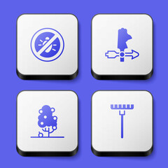Set Stop colorado beetle, Rooster weather vane, Fruit tree and Garden rake icon. White square button. Vector